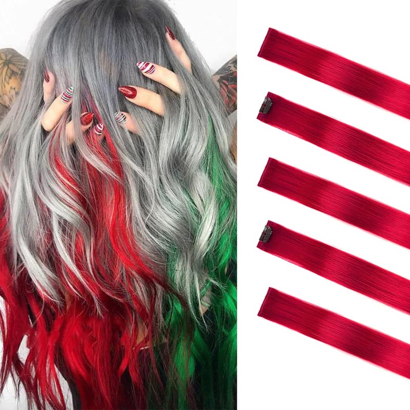 Winsky Red Hair Extensions Clip in Human Hair - 100% Straight Party Highlights Clip on Colored Hair Extensions 5 Pieces/Set (18inch,Red) - Image 2